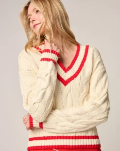 Best Varsity Cable Knit Cotton Sweater Women Sweaters & Cardigans|Quarter-Zips & Pullovers